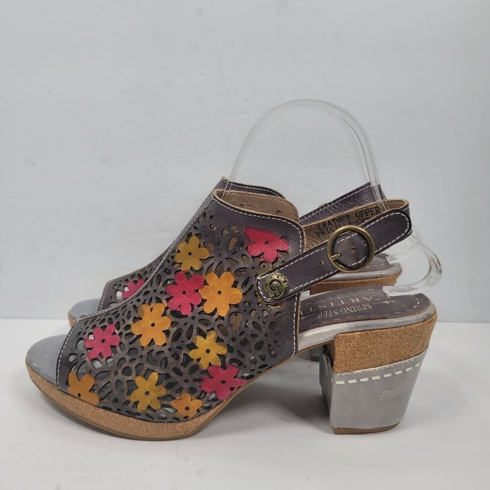 L'Artiste Spring Step Floral Cut-Out Leather Heeled Sandals US Size 9 EU 40 - Picture 2 of 8